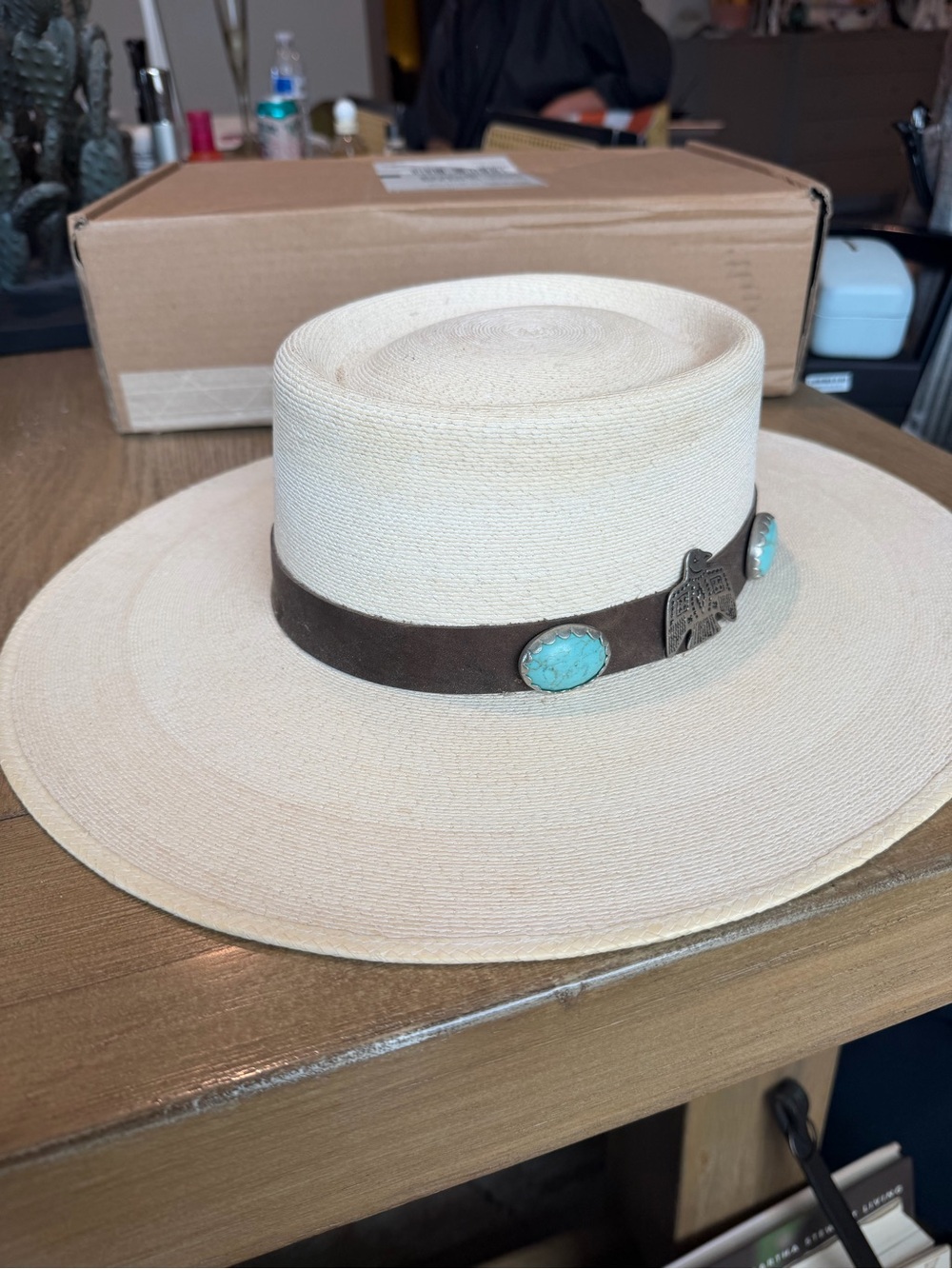 Women's Cream Straw Boater Hat with Brown Leather Band and Turquoise Accents